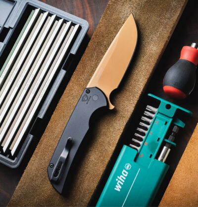 Protech Shot Show 26 Special.Mordax.1 Mordax Solid Black Handle Tan Pvd Magnacut Blade, Black Lip Pearl Button, Deep Carry Clip