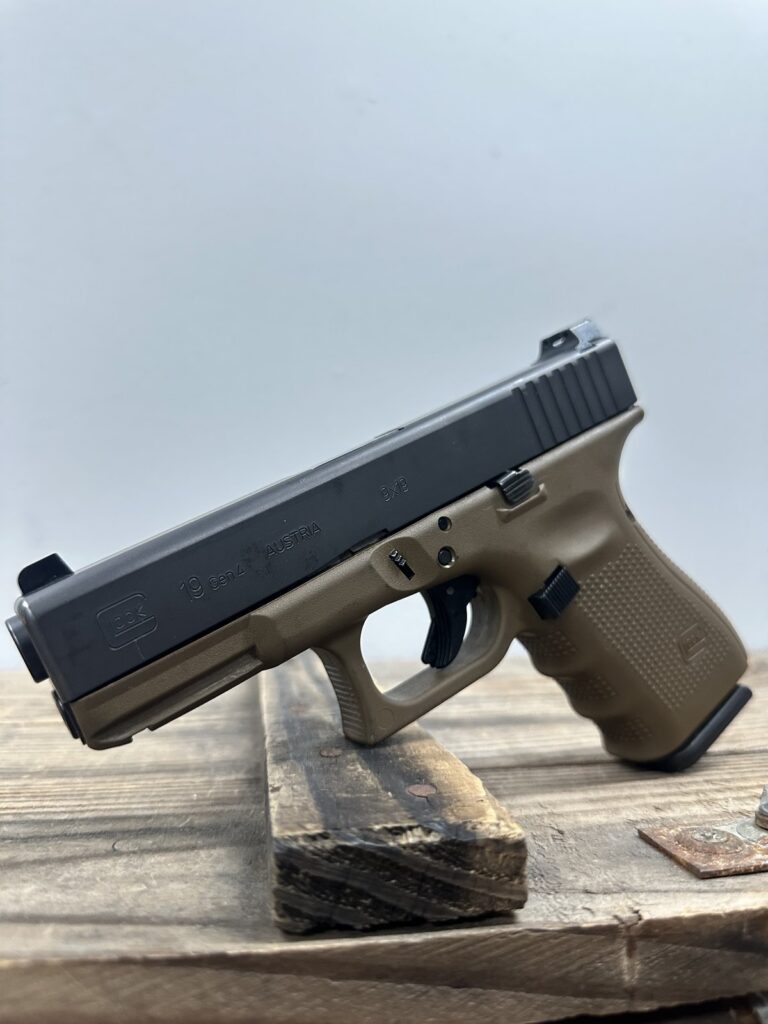 Glock 19 Gen 4, 4" Barrel, Trijicon Night Sights, Semi-automatic, Handgun , Dark Earth, Includes OEM Case, OEM Backstraps, 2 Magazines
