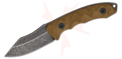Skallywag Tactical The Mini MK2 Fixed Blade Neck Knife 2″ Black Stonewashed Clip Point Blade, Scalloped Desert Tan G10 Handles, Kydex Sheath with Beaded Chain – The Mini – Desert Tan
