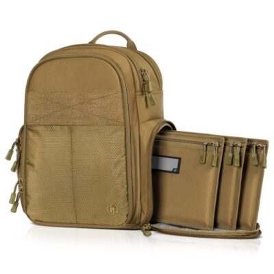Savior Equipment SEMA Compact Range Backpack w/ 3 Pistol Sleeves, 3 Core Pouches, 1680D Ballistic Nylon, Weather Resistance Zipper – Tan