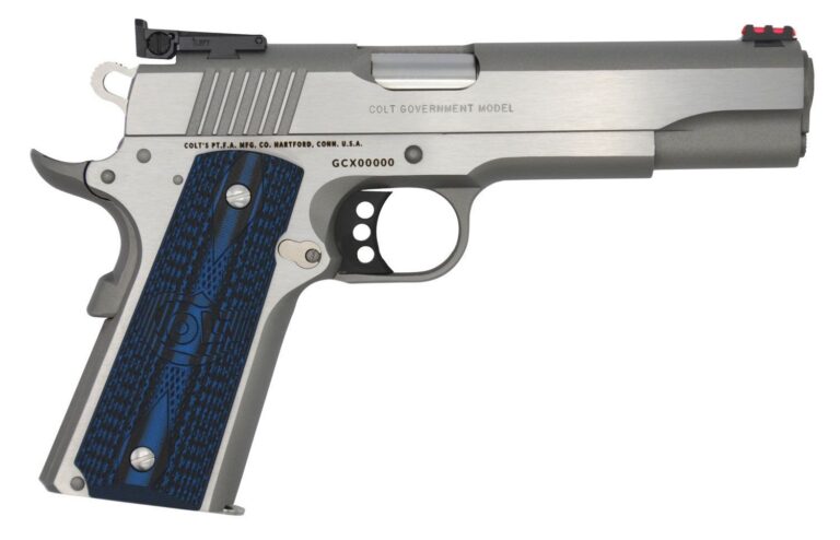 Colt Mfg O5072GCL Gold Cup Lite  9mm Luger 8+1 5″ Stainless National Match Barrel, Stainless Steel Serrated Slide, Stainless Steel Frame w/Beavertail, Blue Scalloped G10 Grip, Ambidextrous