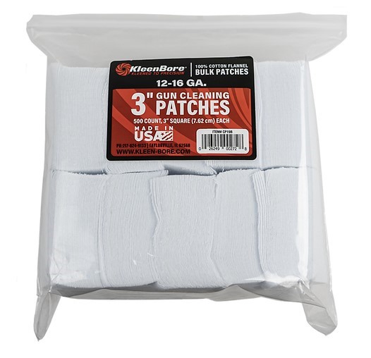 KleenBore Super Shooter Cotton Patches 500 CT – 3″ for 12–16 Gauge