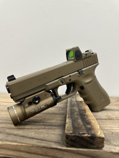 Glock 17, Semi Auto 9MM, Tan, (2) Black Glock Magazines, Strreamlight TLR-1, Trigicon RM06, Savior Range Bag
