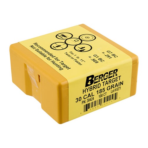 HYBRID TARGET 30 CALIBER (0.308”) HYBRID BOAT TAIL BULLETS HYBRID TARGET 30 CALIBER (0.308”) 185GR HYBRID BT 100/BOX HYBRID TARGET 30 CALIBER (0.308”) HYBRID BOAT TAIL BULLETS HYBRID TARGET 30 CALIBER (0.308”) 185GR HYBRID BT 100/BOX