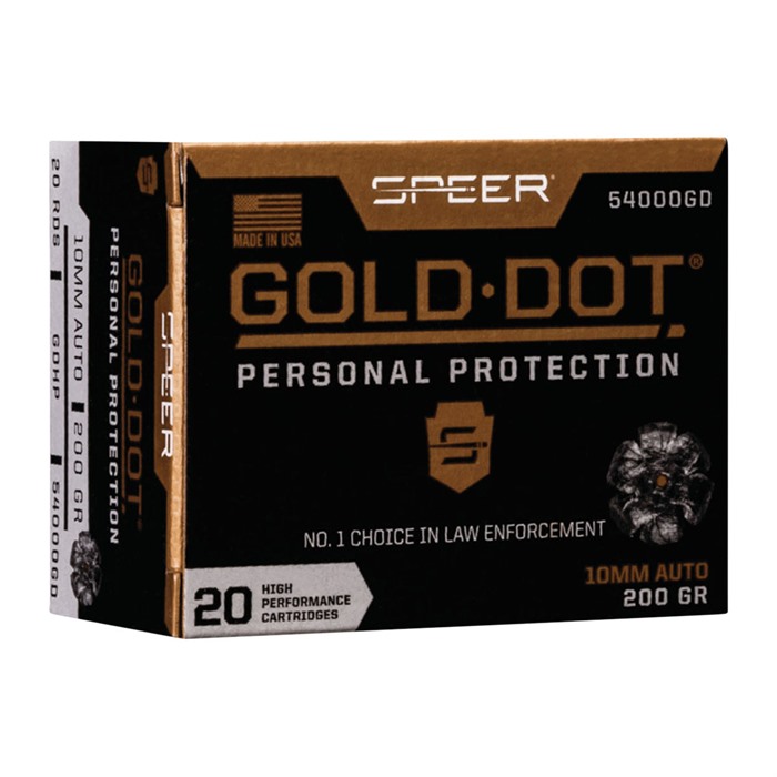 GOLD DOT PERSONAL PROTECTION 10MM AUTO AMMO 10MM AUTO 200GR GOLD DOT HOLLOW POINT 20/BOX GOLD DOT PERSONAL PROTECTION 10MM AUTO AMMO 10MM AUTO 200GR GOLD DOT HOLLOW POINT 20/BOX