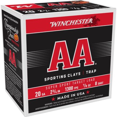 AA SUPER SPORT SPORTING CLAYS 20 GAUGE SHOTGUN AMMO AA SPORTING CLAYS 20 GAUGE 2-3/4” 7/8 OZ #8 SHOT 250/CASE
