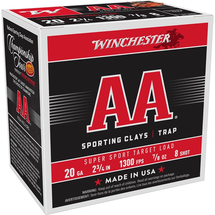 AA SUPER SPORT SPORTING CLAYS 20 GAUGE SHOTGUN AMMO AA SPORTING CLAYS 20 GAUGE 2-3/4” 7/8 OZ #8 SHOT 250/CASE AA SUPER SPORT SPORTING CLAYS 20 GAUGE SHOTGUN AMMO AA SPORTING CLAYS 20 GAUGE 2-3/4” 7/8 OZ #8 SHOT 250/CASE
