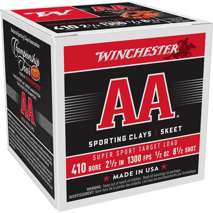 AA SPORTING CLAYS 410 BORE 2-1/2” #8.5 SHOT SHOTGUN AMMO AA SPORTING CLAYS 410 BORE 2-1/2” 1/2 OZ #8.5 SHOT 250/CASE AA SPORTING CLAYS 410 BORE 2-1/2” #8.5 SHOT SHOTGUN AMMO AA SPORTING CLAYS 410 BORE 2-1/2” 1/2 OZ #8.5 SHOT 250/CASE