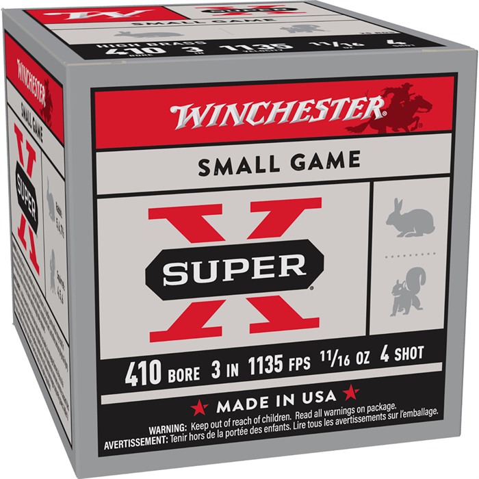 SUPER-X 410 BORE 3” #4/6 SHOT SHOTGUN AMMO SUPER-X 410 BORE 3” 11/16OZ #4 SHOT 250/CASE SUPER-X 410 BORE 3” #4/6 SHOT SHOTGUN AMMO SUPER-X 410 BORE 3” 11/16OZ #4 SHOT 250/CASE