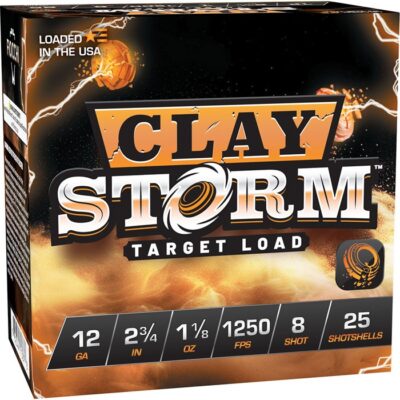 CLAY STORM 12 GAUGE #8 SHOT SHOTGUN AMMO CLAY STORM 12 GAUGE 2-3/4” 1-1/8OZ #8 SHOT 1250 FPS 25/BOX