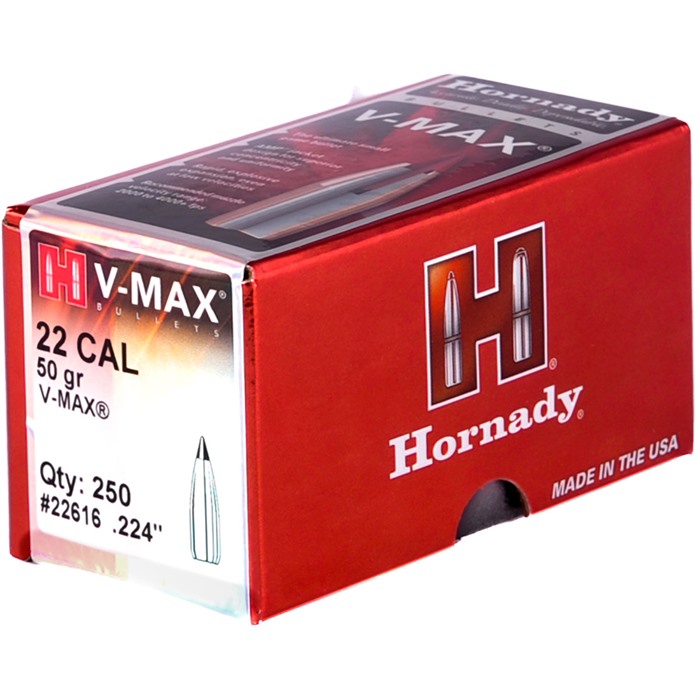 V-MAX 22 CALIBER (0.224”) POLYMER TIP BOAT TAIL RIFLE BULLETS V-MAX .22 CAL. (0.224”) 50GR POLYMER TIP BOAT TAIL 250/BOX