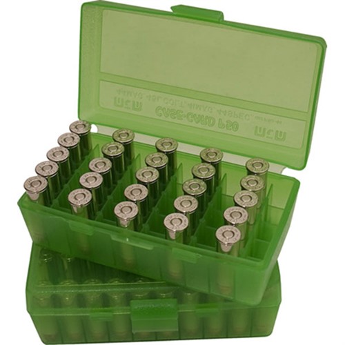 FLIP TOP PISTOL AMMO BOXES FLIP TOP PISTOL AMMO BOX 357 MAG-38 SPL 50 RND TRANSL GREEN