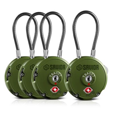 Savior Equipment 4-Pack 3-Digit Combination Cable Lock,Travel Sentry TSA Approved, 45mm / 1.6″ Looped Length, 16 Gauge Braided Steel Cable, Zinc Alloy Body – Green