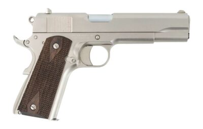 Tisas Arms 10100562 1911 A1 Stakeout 9mm Luger 38 Super 5″ Stainless Steel Barrel, Nickel Carbon Steel Serrated Slide & Frame w/Beavertail, Walnut Grip