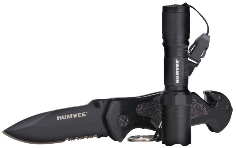 Humvee Adventure Gear HMVKCER1 Rescue Combo 3.25″ Folding Spear Point Part Serrated Stainless Steel Blade Black Aluminum Handle Features Glass Breaker/Pocket Clip/Seatbelt Cutter