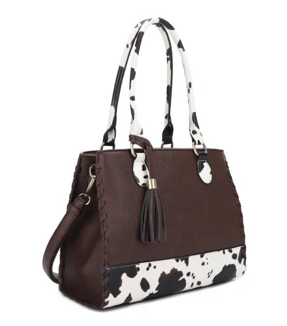 Jessie James Montana Concealed Carry Lock and Key Whipstitch Cow Print Satchel Bag with Tassel – Coffee / Cow Print Jessie James Montana Concealed Carry Lock and Key Whipstitch Cow Print Satchel Bag with Tassel – Coffee / Cow Print