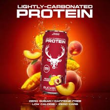 Bucked Up Peach Mango Lightly Carbonated Protein Drink. 25G of Protein. Bucked Up Peach Mango Lightly Carbonated Protein Drink. 25G of Protein.