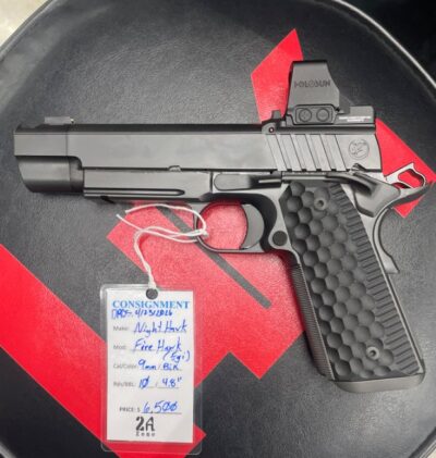 Black NightHawk Custom Fire Hawk Semi Auto Pistol, 9mm,  4.8″ Barrel, Rail Mount, Compensated Barrel, Holosun 507 Comp Ronin Red Dot, (2) 10 round mags, OEM CASE, IOS kit included, No Lock