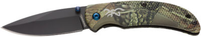 Browning 3220344 Prism 3  EDC Folding 2.38″ Plain Black Oxide 7Cr17MoV SS Blade, Camo w/Brass Accents & Logo Anodized Aluminum Handle, Includes Pocket Clip