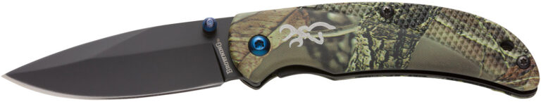 Browning 3220344 Prism 3  EDC Folding 2.38″ Plain Black Oxide 7Cr17MoV SS Blade, Camo w/Brass Accents & Logo Anodized Aluminum Handle, Includes Pocket Clip