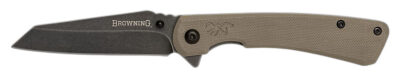 Browning 3220512 Branded Rock  EDC 3″ Folding Wharncliffe Plain Black Stonewashed 7Cr17MoV SS Blade, Flat Dark Earth G10 Handle