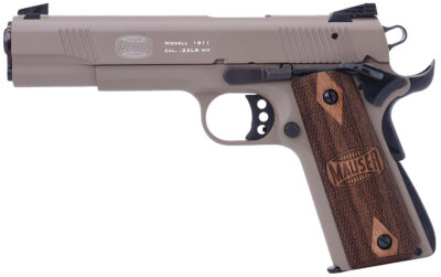 Mauser Rimfire 4110604 1911  22 LR 10+1 5″ Black Steel Barrel, Tan Serrated Aluminum Slide, Tan Aluminum Frame w/Beavertail, Walnut Grip, Ambidextrous