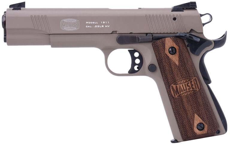 Mauser Rimfire 4110604 1911 22 LR 10+1 5″ Black Steel Barrel, Tan Serrated Aluminum Slide, Tan Aluminum Frame w/Beavertail, Walnut Grip, Ambidextrous Mauser Rimfire 4110604 1911 22 LR 10+1 5″ Black Steel Barrel, Tan Serrated Aluminum Slide, Tan Aluminum Frame w/Beavertail, Walnut Grip, Ambidextrous