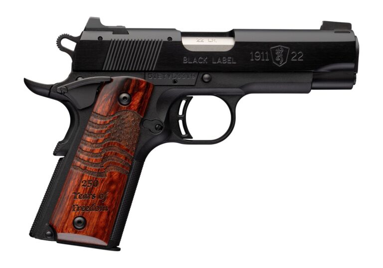 Browning 051072490 1911 Black Label Medallion 250 Compact Frame 22 LR 10+1 3.63″ Matte Stainless Steel Barrel, Black Anodized Aluminum Serrated Slide, Matte Black Polymer Frame w/Beavertail, Engraved