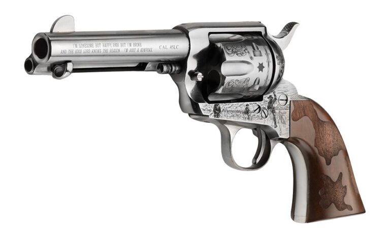 Pietta PFI45CP434EW Cowpoke 45 Colt (Long Colt) 6 Shot 4.75″ Nickel Barrel, Nickel Engraved Cylinder & Frame, Cowhide Walnut Engraved Grip, Exposed Hammer Pietta PFI45CP434EW Cowpoke 45 Colt (Long Colt) 6 Shot 4.75″ Nickel Barrel, Nickel Engraved Cylinder & Frame, Cowhide Walnut Engraved Grip, Exposed Hammer