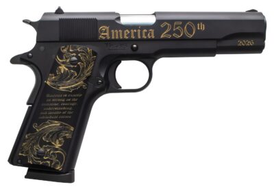 Tisas Arms 10100518US250 1911 America’s 250th Full Size 45 ACP 7+1 5″ Stainless Barrel, Black w/Gold Engraving Steel Serrated Slide, Black w/Gold Engraving Steel Frame w/Beavertail, Black w/Gold Accen
