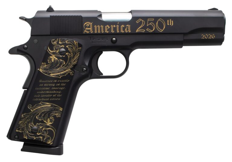Tisas Arms 10100518US250 1911 America’s 250th Full Size 45 ACP 7+1 5″ Stainless Barrel, Black with Gold Engraving Steel Serrated Slide, Black with Gold Engraving Steel Frame with Beavertail, Black with Gold Accen Tisas Arms 10100518US250 1911 America’s 250th Full Size 45 ACP 7+1 5″ Stainless Barrel, Black with Gold Engraving Steel Serrated Slide, Black with Gold Engraving Steel Frame with Beavertail, Black with Gold Accen