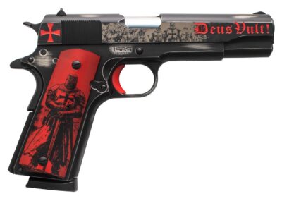 Tisas Arms 10100518AA2 1911 Crusader Full Size Frame 45 ACP 7+1 5″ Steel Serrated Slide, Distressed Graphite Cerakote Carbon Steel Frame w/Beavertail, Multi-Color Cerakote Grip