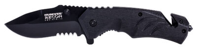 Humvee Adventure Gear HMVKTR15 Tactical Recon  3″ Folding Drop Point Part Serrated Black Stainless Steel Blade/Black Textured Features Glass Breaker/Seat Belt Cutter Includes Pocket Clip