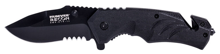 Humvee Adventure Gear HMVKTR15 Tactical Recon 3″ Folding Drop Point Part Serrated Black Stainless Steel Blade/Black Textured Features Glass Breaker/Seat Belt Cutter Includes Pocket Clip Humvee Adventure Gear HMVKTR15 Tactical Recon 3″ Folding Drop Point Part Serrated Black Stainless Steel Blade/Black Textured Features Glass Breaker/Seat Belt Cutter Includes Pocket Clip