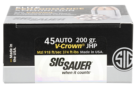 Sig Sauer E45AP120 Elite Performance 45ACP 200gr V-Crown Jacketed Hollow Point 20 Per Box/10 Case Sig Sauer E45AP120 Elite Performance 45ACP 200gr V-Crown Jacketed Hollow Point 20 Per Box/10 Case