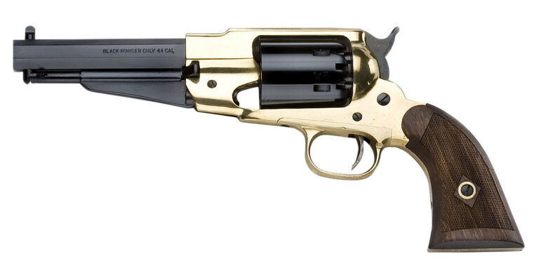 Pietta PF58BR44512 1858 Remington Brass Sheriff 44 Cal 6rd 5.50″ Blued Octagonal Steel Barrel & Cylinder, Brass Frame, Checkered Walnut Grip Pietta PF58BR44512 1858 Remington Brass Sheriff 44 Cal 6rd 5.50″ Blued Octagonal Steel Barrel & Cylinder, Brass Frame, Checkered Walnut Grip