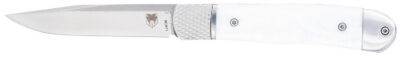 CobraTec Knives CTTHRWTABA154CM Trapper  Small 3.13″ Folding Plain 154CM SS Blade, 4.25″ White Abalone Scales Handle