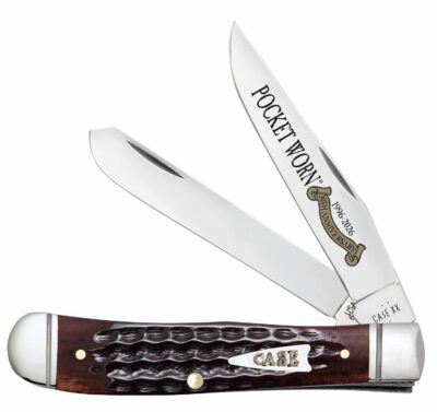 Case 55231 Pocket Worn Trapper Mini Folding 2.75″ Clip Point & Spey Plain Mirror Polished Tru-Sharp SS Blades, Corn Cob Jigged Mahogany Bone Handle