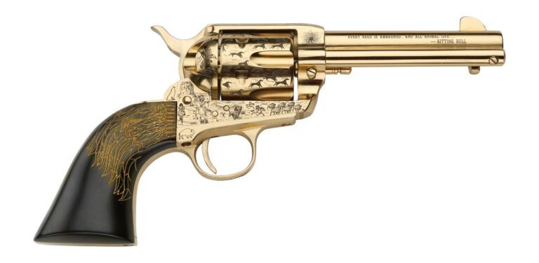Pietta PFI45KOP434EP Keeper Of The Plains 45 Colt (Long Colt) 6 Shot 4.75″ Ultra Black Engraved w/Eagle Feather Grip Pietta PFI45KOP434EP Keeper Of The Plains 45 Colt (Long Colt) 6 Shot 4.75″ Ultra Black Engraved w/Eagle Feather Grip