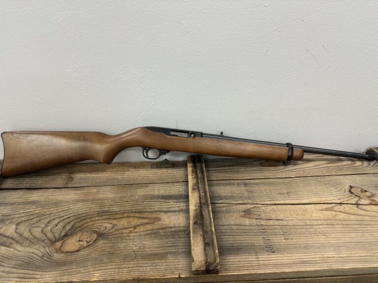 Ruger, 10/22, Semi-automatic, 22LR, 18.5″ Cold Hammer Forged Barrel, Satin Finish, Birch Stock, Adjustable Rear Sight, Gold Bead Front Sight, Manual Safety, 10 Round Rotary Magazine
