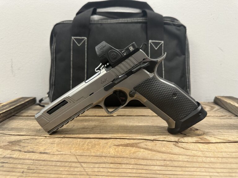Dan Wesson, DWX, Single Action Only, Semi-automatic, Metal Frame Pistol, Full Size, 9MM, 4.95″ Match Grade Barrel, DLC Finish, Silver, Aluminum Grips, Red, Optics Ready Slide, Ambidextrous Safety, Fiber Front & Adjustable Rear Sights, Flat K Style Trigger, 12 Extra Magazines, Trijicon SRO Included Dan Wesson, DWX, Single Action Only, Semi-automatic, Metal Frame Pistol, Full Size, 9MM, 4.95″ Match Grade Barrel, DLC Finish, Silver, Aluminum Grips, Red, Optics Ready Slide, Ambidextrous Safety, Fiber Front & Adjustable Rear Sights, Flat K Style Trigger, 12 Extra Magazines, Trijicon SRO Included