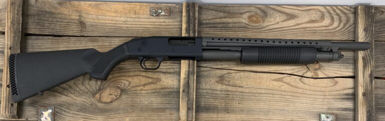 Mossberg 500, Pump Action Shotgun, 12 Gauge, 18.5″ Barrel, 3″ Chamber, Matte Blued Finish, Synthetic Stock, Cylinder Bore, Bead Sight, 5+1 Rounds, Persuader Style Heat Shield