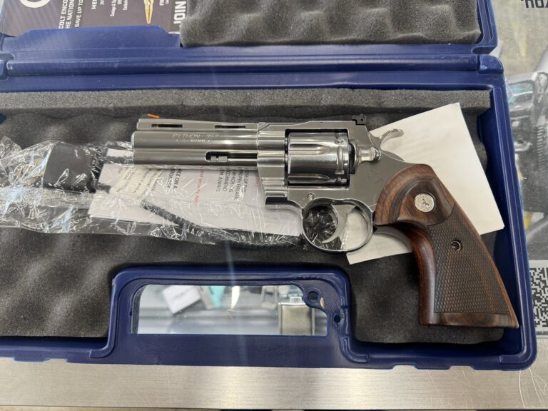 Colt Python, Double Action Revolver, 4.25″ Barrel, .357 Mag, Aluminum/Silver, OEM Case, OEM Lock, Excellent Condition, Never Shot