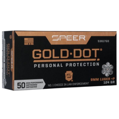 GOLD DOT PERSONAL PROTECTION 9MM LUGER +P HANDGUN AMMO GOLD DOT HANDGUN PP 9MM LUGER +P 124GR HP 1220 FPS 50/BOX