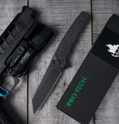 Protech Malibu Atlas.1 Black 
“Atlas Carry Texture” 7075 aluminum handle, DLC black MagnaCut reverse tanto blade, all black hardware, black deep carry clip