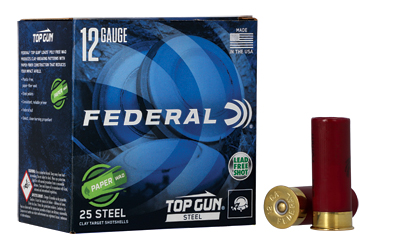 FEDERAL TOP GUN 12GA 2 3/4IN 1 OZ 1250 FPS 7.5 STEEL PAPER WAD SS AMMO 25RD FEDERAL TOP GUN 12GA 2 3/4IN 1 OZ 1250 FPS 7.5 STEEL PAPER WAD SS AMMO 25RD