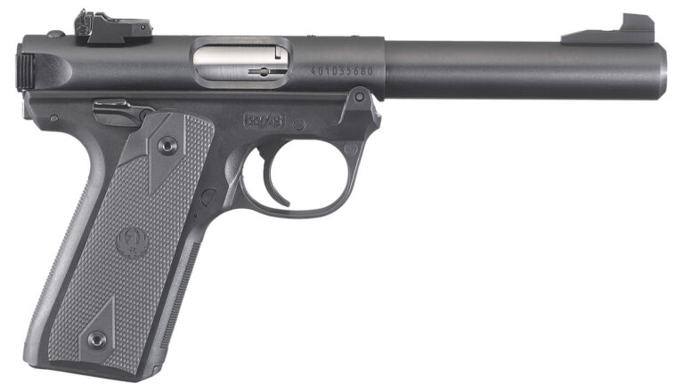 Ruger Mark IV 22/45 22 LR 10+1, 5.50″ Stainless Bull Barrel, Blued Drilled & Tapped Steel Receiver & Polymer Frame, Black Checkered Polymer Grip Ambidextrous