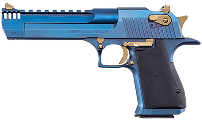 Magnum Research DE50CBG Desert Eagle Mark XIX Full Size Frame 50 AE 7+1 6″ Steel w/Integral Muzzle Brake & Picatinny Rail Barrel, Serrated Steel Slide, Carbo Blue w/Gold Accents Carbon Steel Frame w/Beavertail, Black Rubber Grip