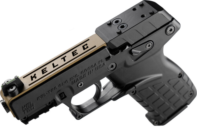 Kel-Tec P17BBLKORTANS P17  Sports South Exclusive 22 LR 16+1 3.80″ Black Steel Barrel, Tan Optic Ready/Serrated Slide, Black Polymer Frame w/Picatinny Rail, Textured Grip