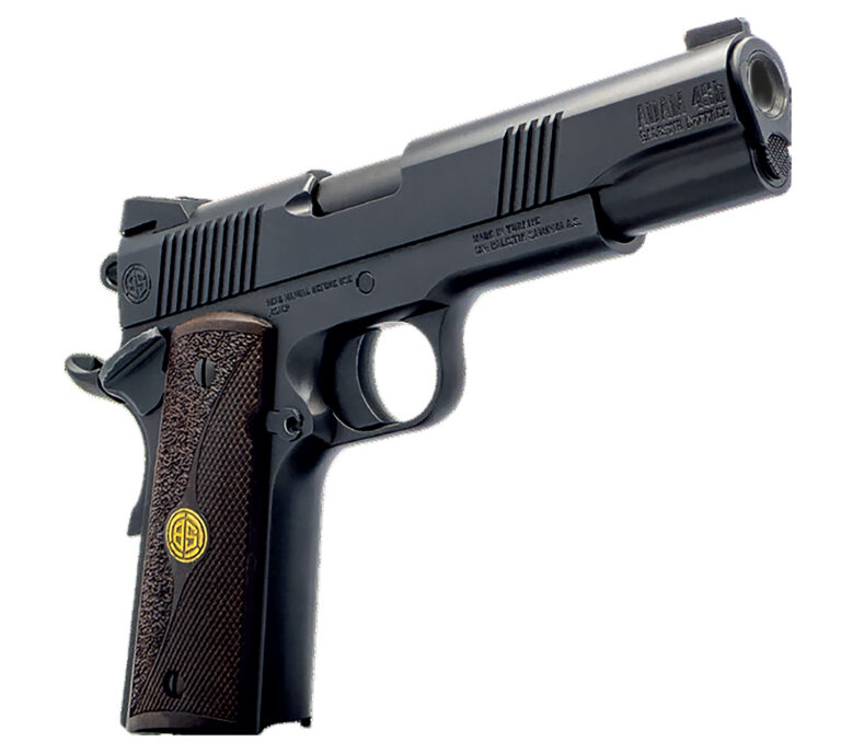 Dickinson LLC DCKSN45BB 1911 Adam 45 ACP 8+1 5″ Black Steel Barrel, Black Serrated Aluminum Slide, Black Steel Frame, Wood Grip Dickinson LLC DCKSN45BB 1911 Adam 45 ACP 8+1 5″ Black Steel Barrel, Black Serrated Aluminum Slide, Black Steel Frame, Wood Grip